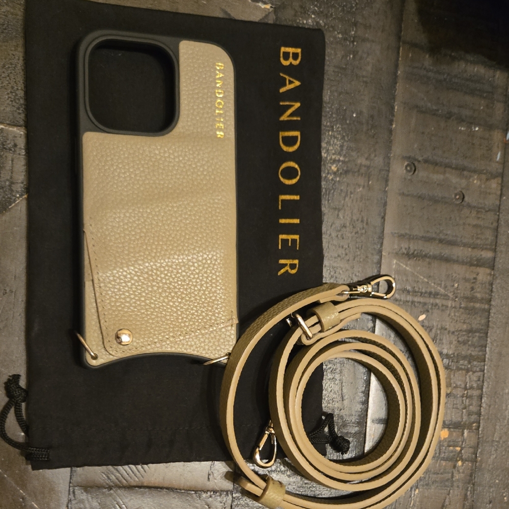 Bandolier Beige Textured Leather Crossbody Phone Case with Strap